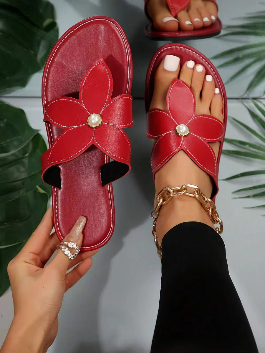 1 Pair Women's European And American Style Floral Print Flat Slip-On Sandals, Open Toe Summer Outdoor Flip Flops