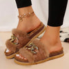 Women's Solid Color Fuzzy Fluffy Slippers Metal Chain Decoration Fashion Slippers Flat Open Toe Sandals