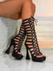 Women's Black Leather High Heel Roman Sandal Boots, Open Round Toe, Cross Studs - Parties, Festivals, Outdoor, Elevating, Waterproof, Versatile.
